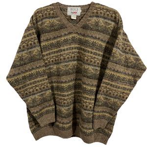 Vintage Avoca Collection Pure New Wool Irish Knit Sweater Brown XL Ireland